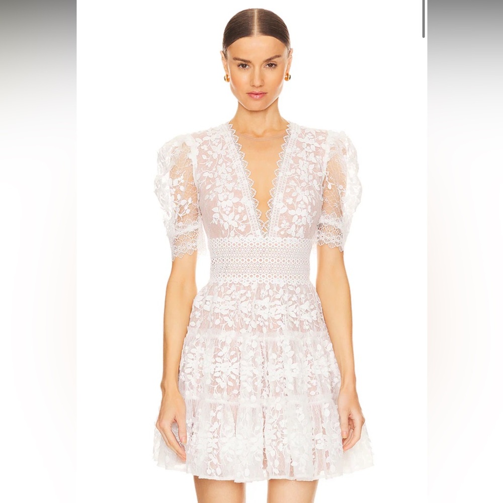 Bronx and Banco White Lace Puff Sleeve Mini Dress